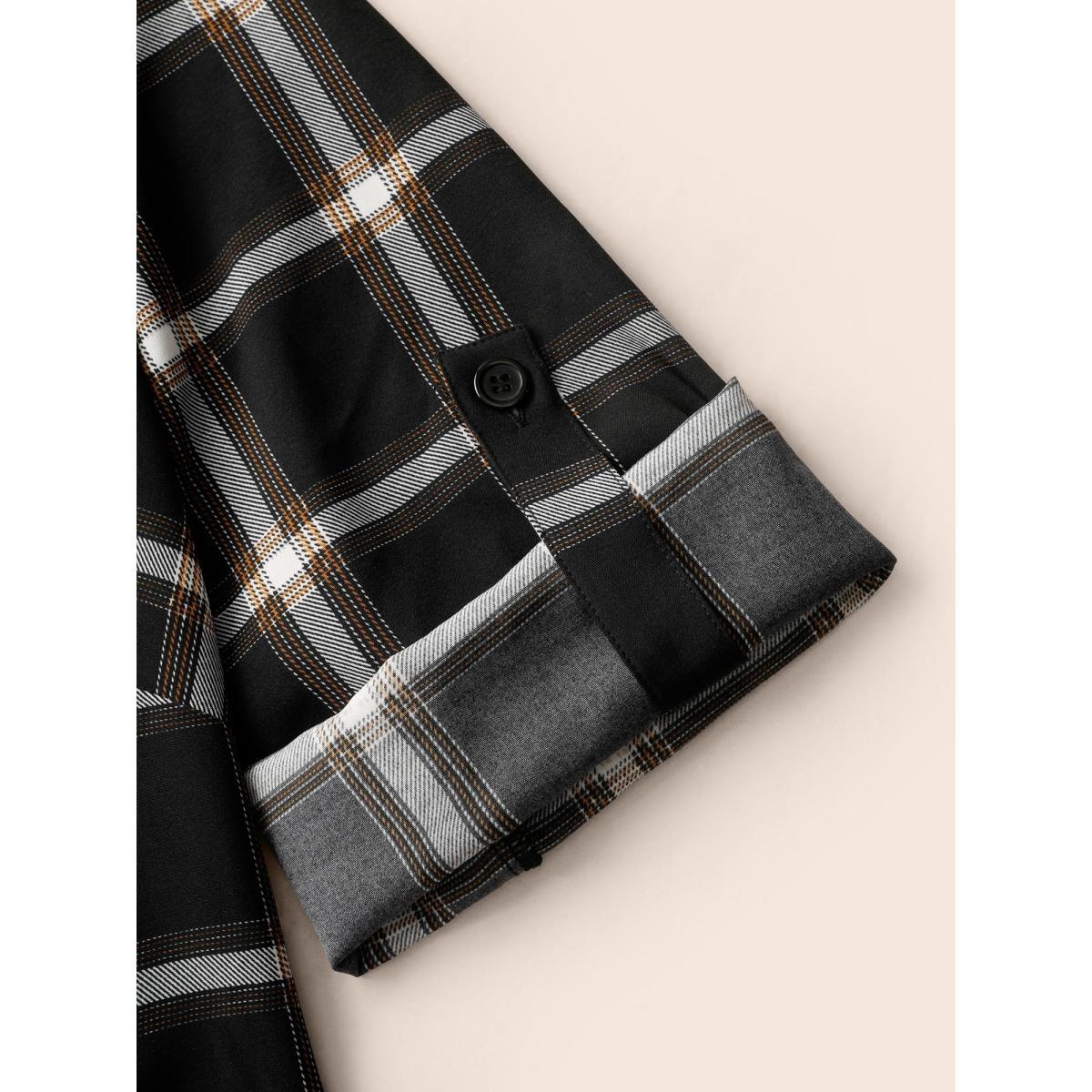 Plus Size Plaid Shirt Collar Belted Tab Sleeve Dress Black Women Elegant Belted Shirt collar Elbow-length sleeve Curvy BloomChic 14-16/1X Product Image