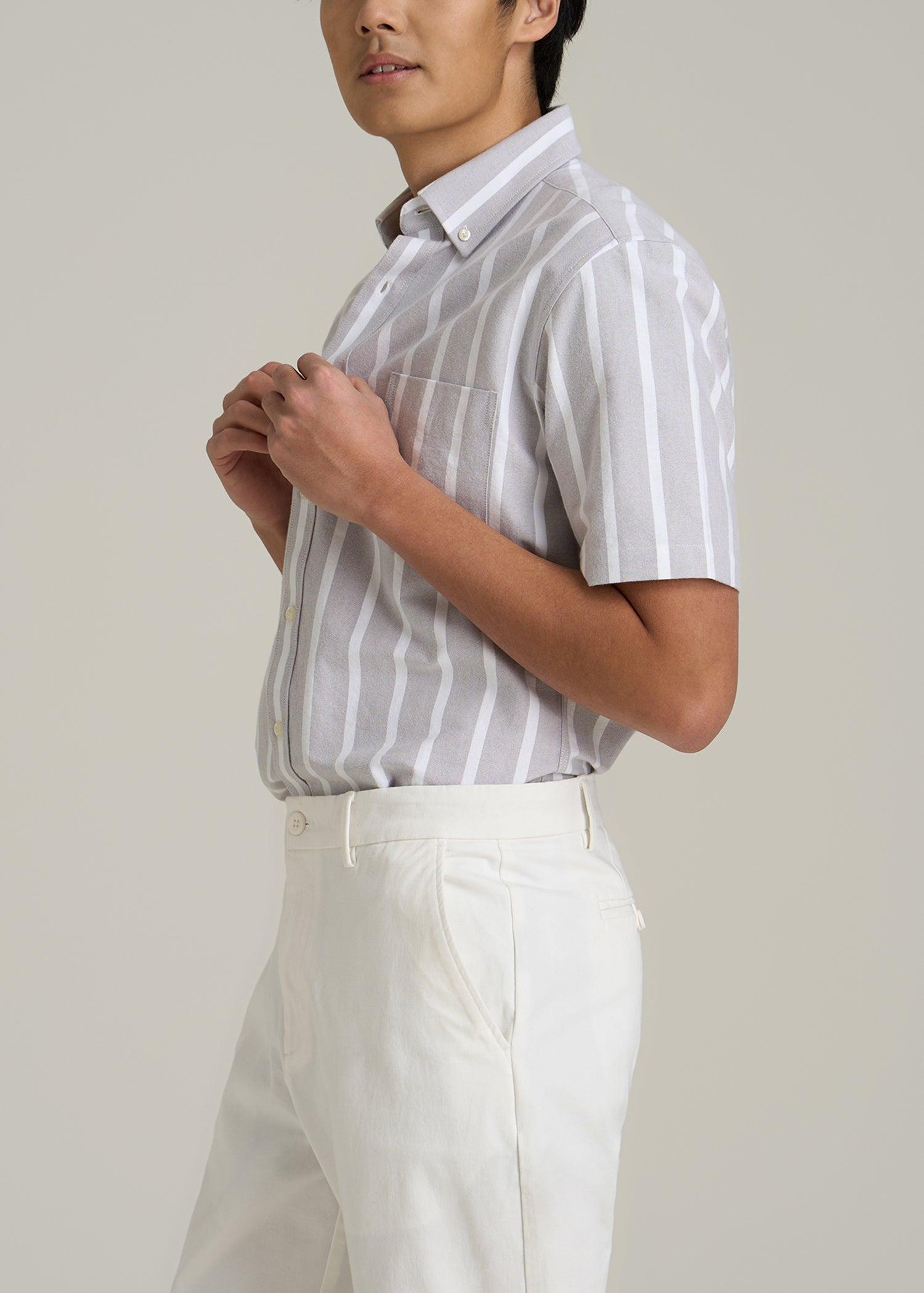 Short Sleeve Oxford Button Shirt For Tall Men in Bold Grey Stripe Product Image