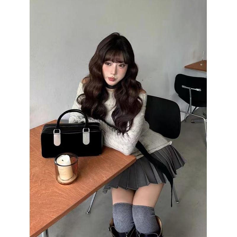 Off-Shoulder Plain Cable Knit Sweater / High Rise Plain Pleated Mini A-Line Skirt Product Image