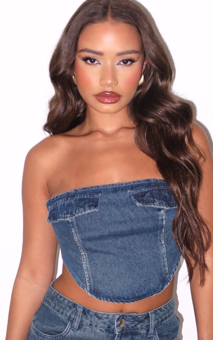 Petite Mid Blue Wash Bandeau Pocket Detail Denim Corset Product Image
