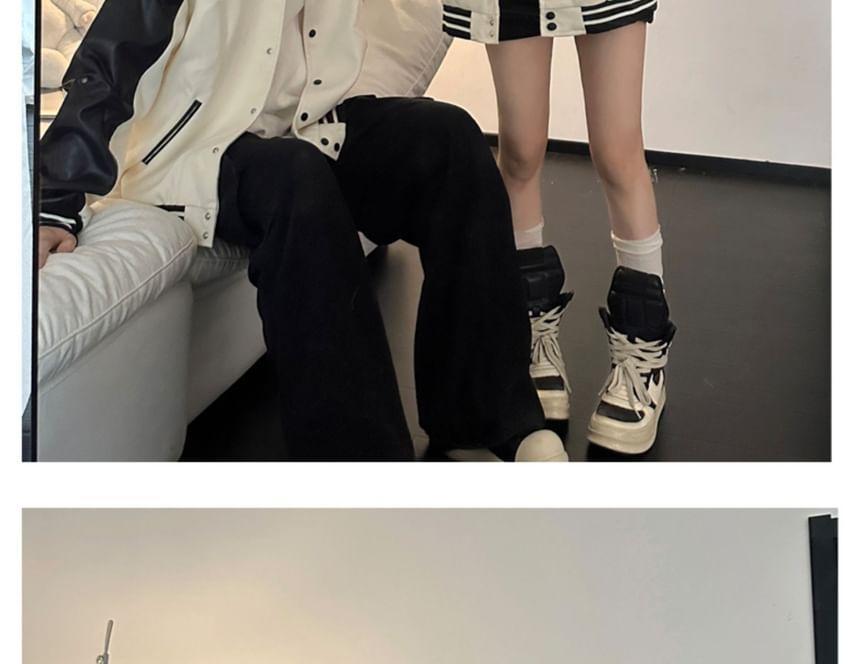Couple Matching Lettering Two Tone Faux Leather Single-Breasted Baseball Jacket Product Image