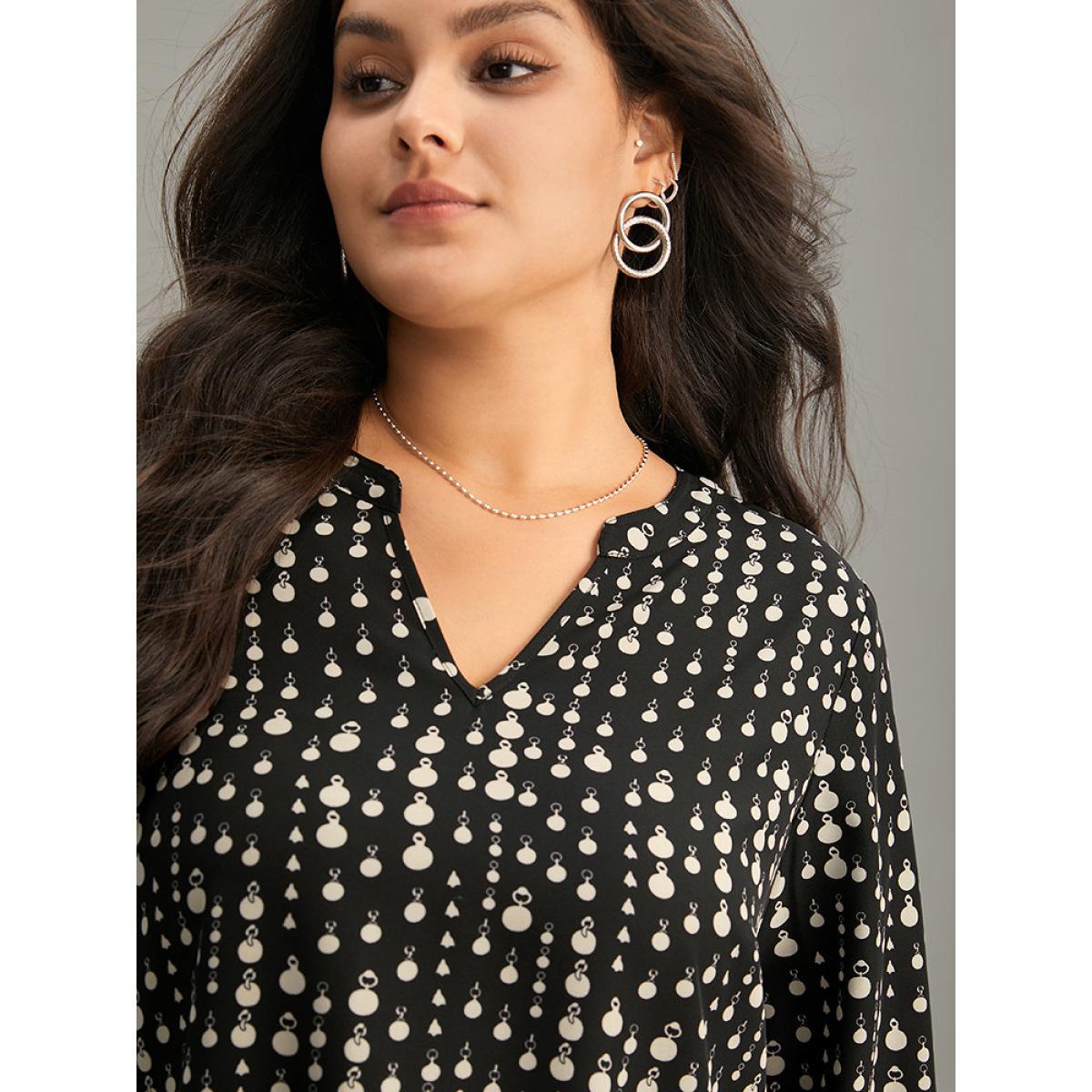 Plus Size Black Chain Print Notched Lantern Sleeve Blouse Women Office Long Sleeve Notched collar Vacation Blouses BloomChic 12/L Product Image