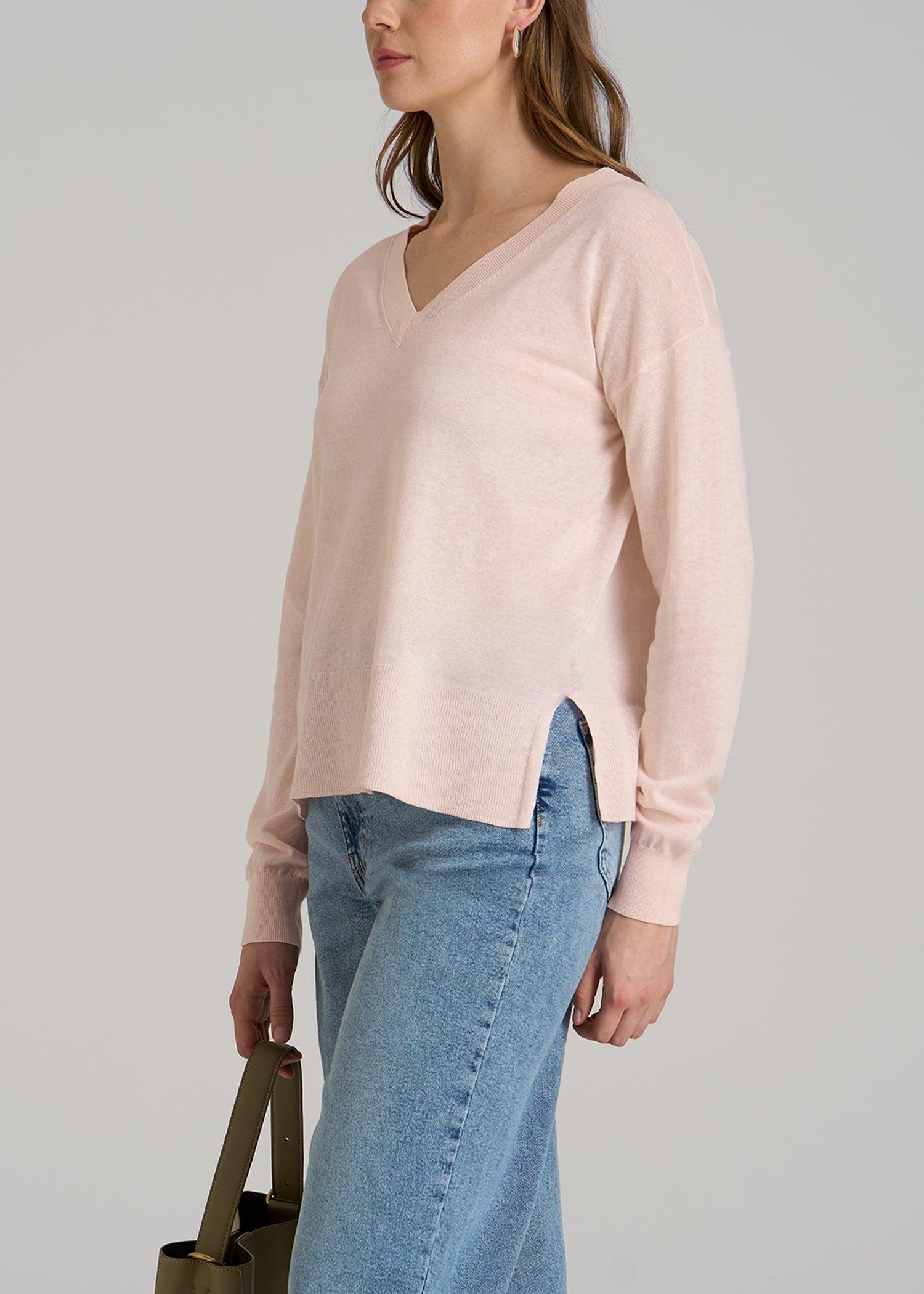 Linen Blend Split Hem V-Neck Sweater for Tall Women in Hush Pink Product Image