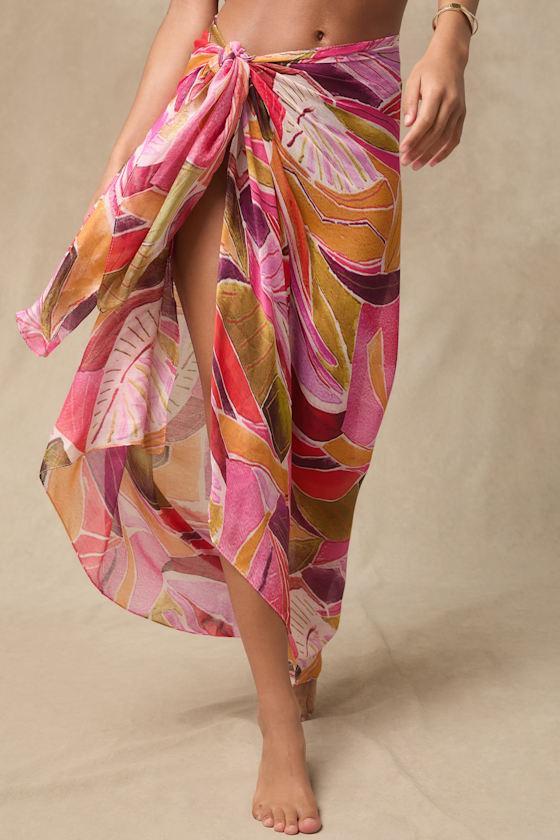 Samana Pink Multi Leaf Print Sarong Swim Cover-Up Product Image