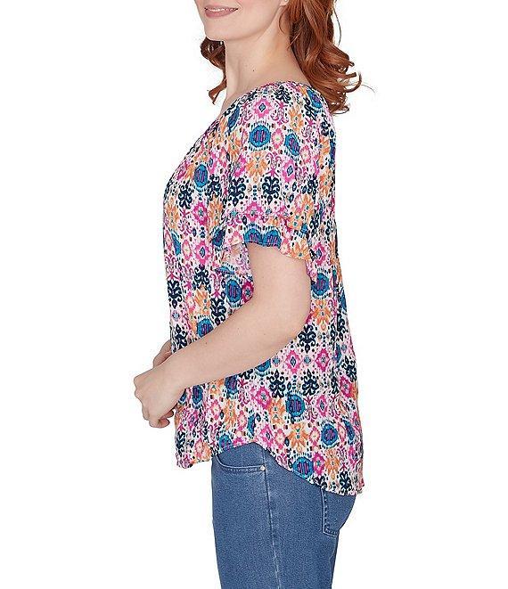 Ruby Rd. Diamond Ikat Abstract Print Gauze V-Neck Double Flounce Short Sleeve Blouse Product Image