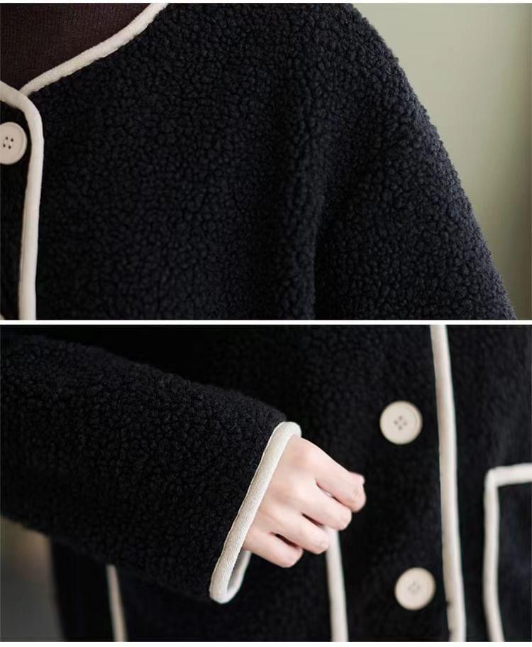 Plain Contrast Trim Faux Shearling Single-Breasted Jacket Product Image