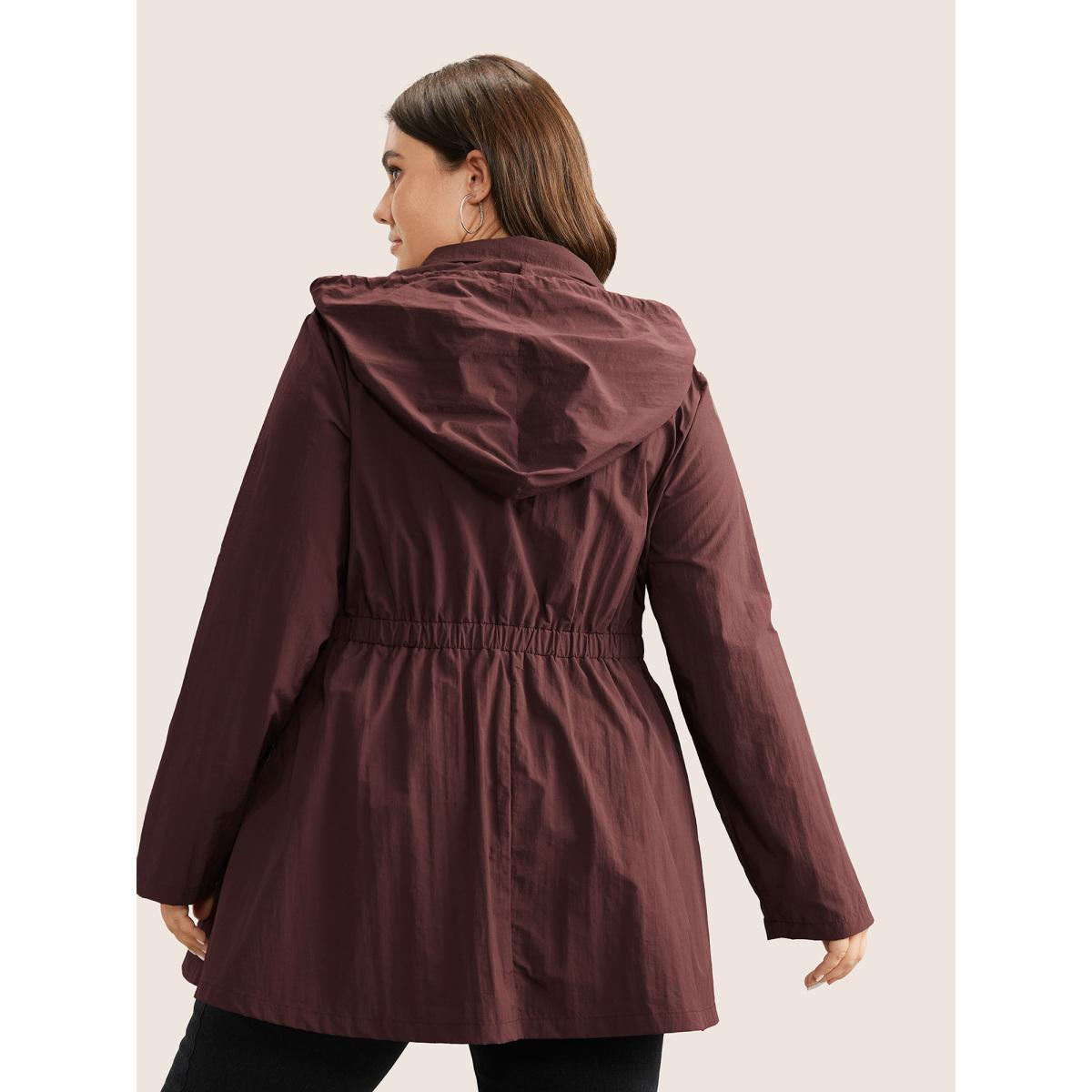 Plus Size Plain Hooded Drawstring Gathered Zipper Jacket Women Scarlet Non Patch pocket Everyday Jackets BloomChic 10/M Product Image