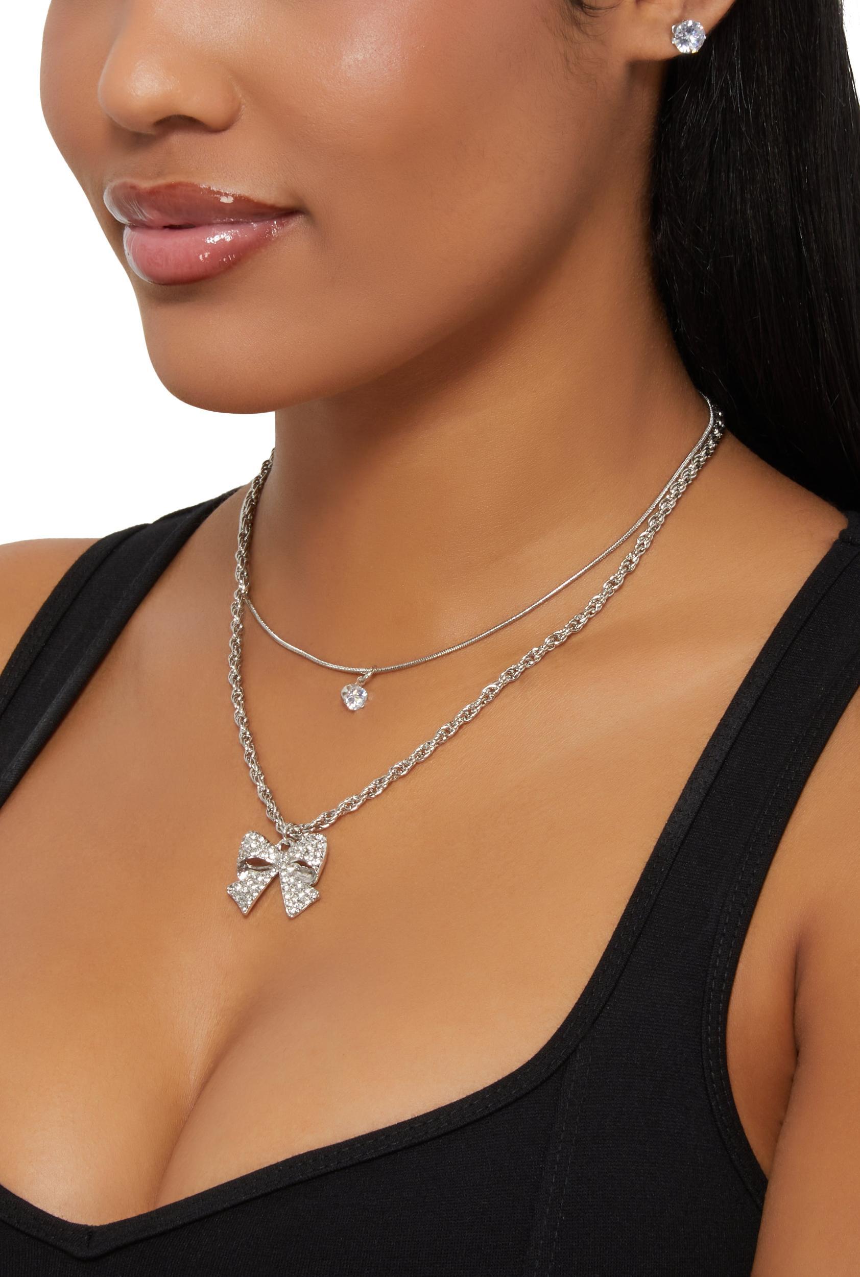 Bow Layered Necklace and Cubic Zirconia Earrings Set Female Product Image