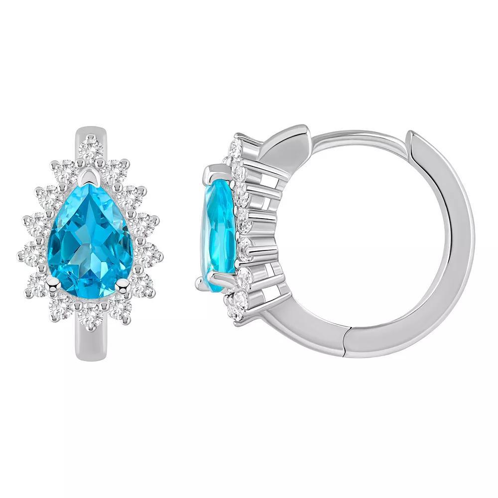 Celebration Gems Sterling Silver Pear Shape Gemstone & White Topaz Halo Huggie Hoop Earrings, Women's, Blue Topaz Product Image