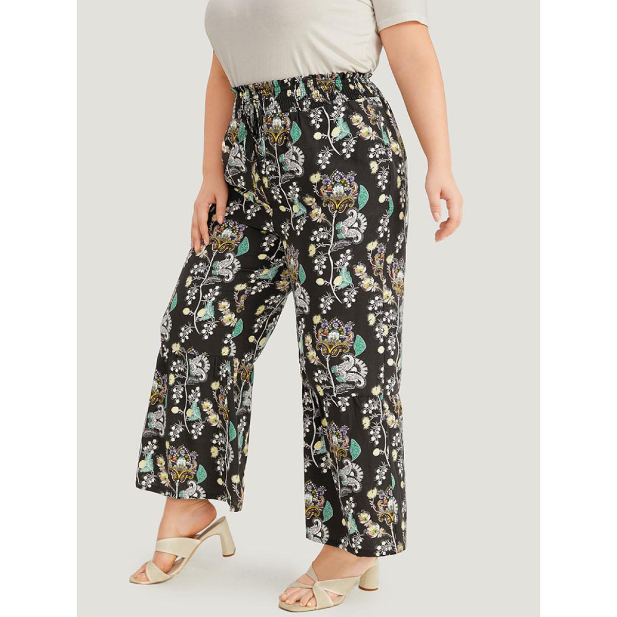 Plus Size Floral Print Shirred Bootcut Ties Pocket Pants Women BlackFlower Elegant Bootcut High Rise Dailywear Pants BloomChic 12/L Product Image