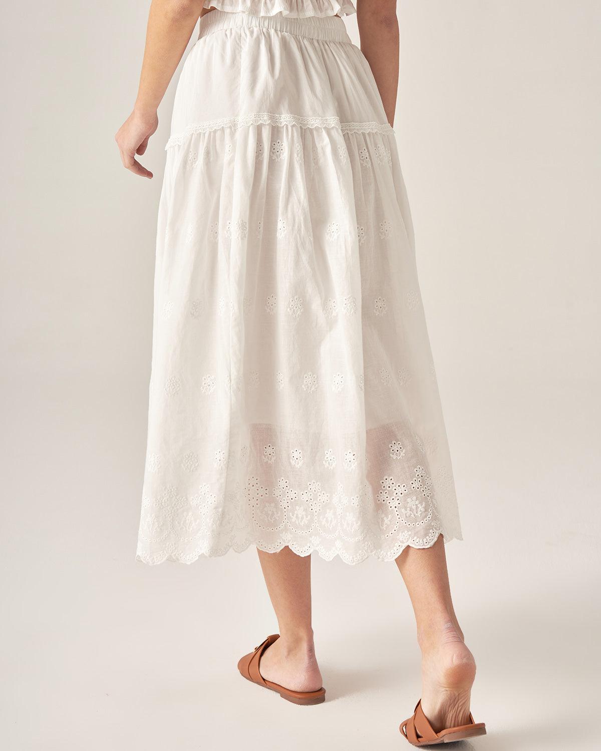 White Embroidery A-Line Midi Skirt Product Image