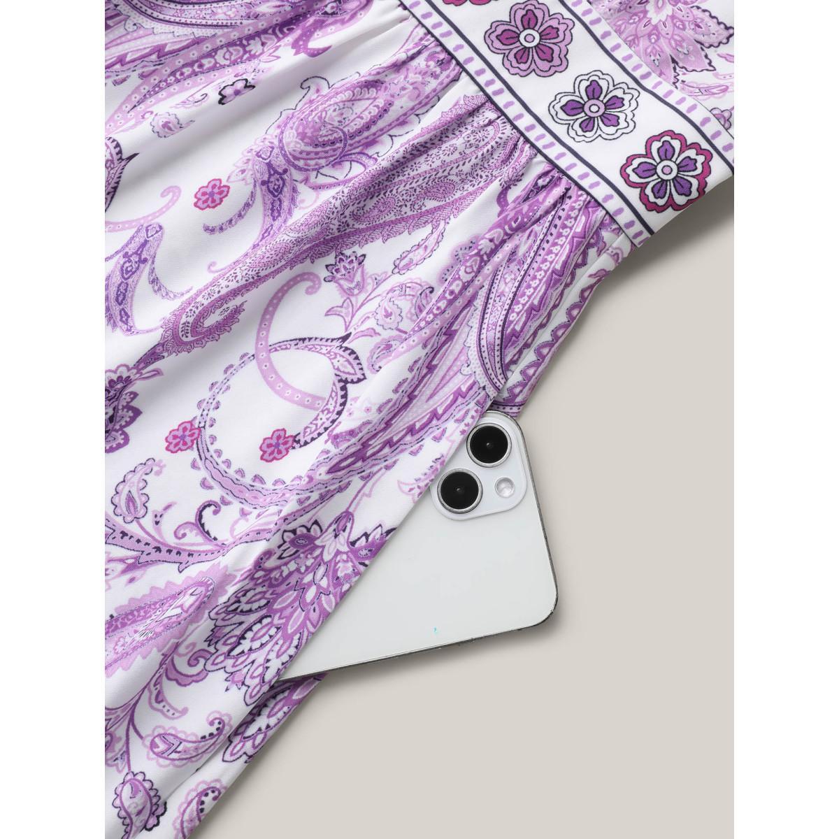 Plus Size Paisley Print Notched Collar Ruffled Midi Dress Mauve Women Resort Ruffles Flat collar with V-notch Short sleeve Curvy BloomChic 22-24/3X Product Image
