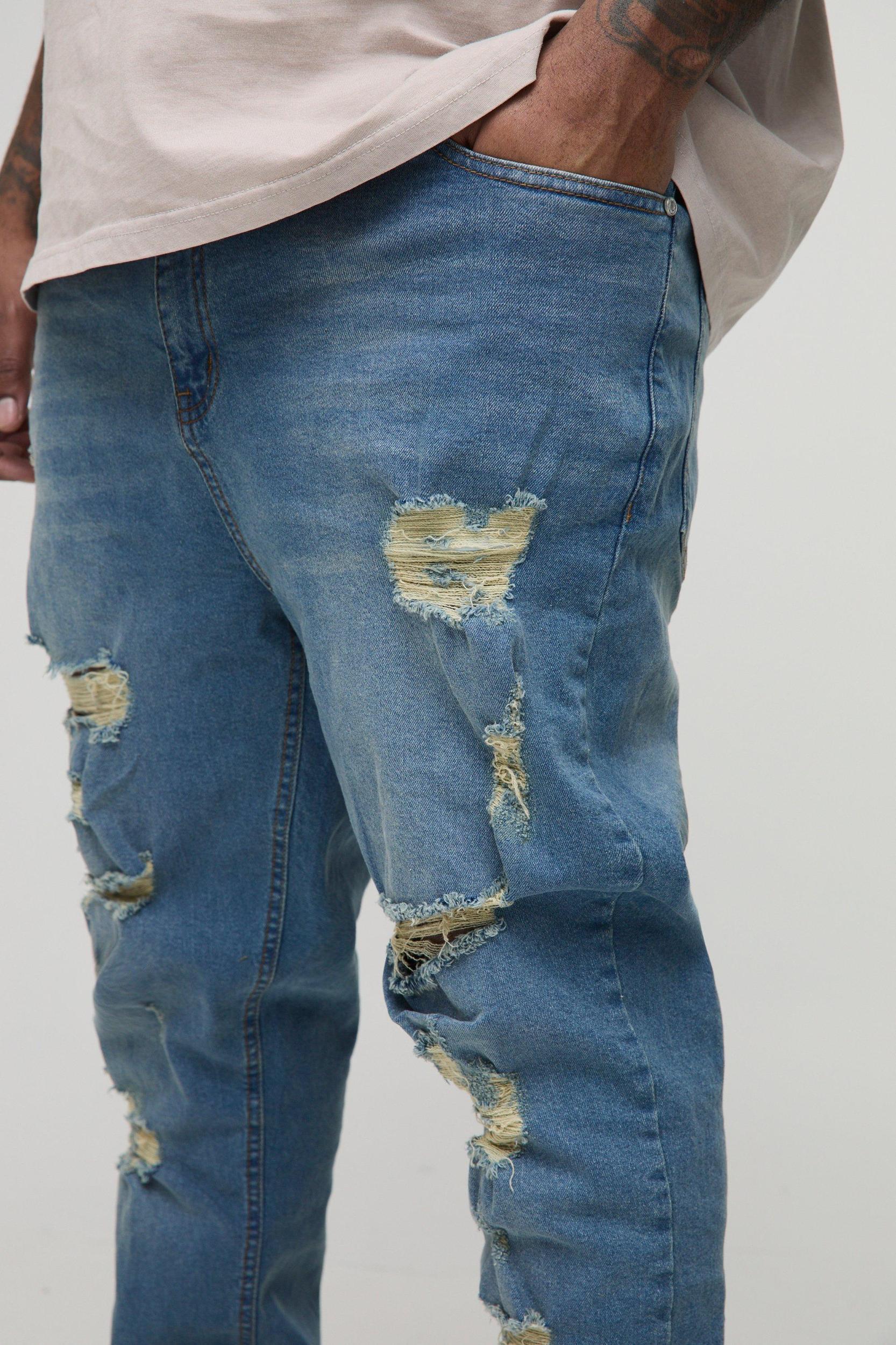 Plus Multi Rip Skinny Stacked Jeans | boohooMAN USA Product Image