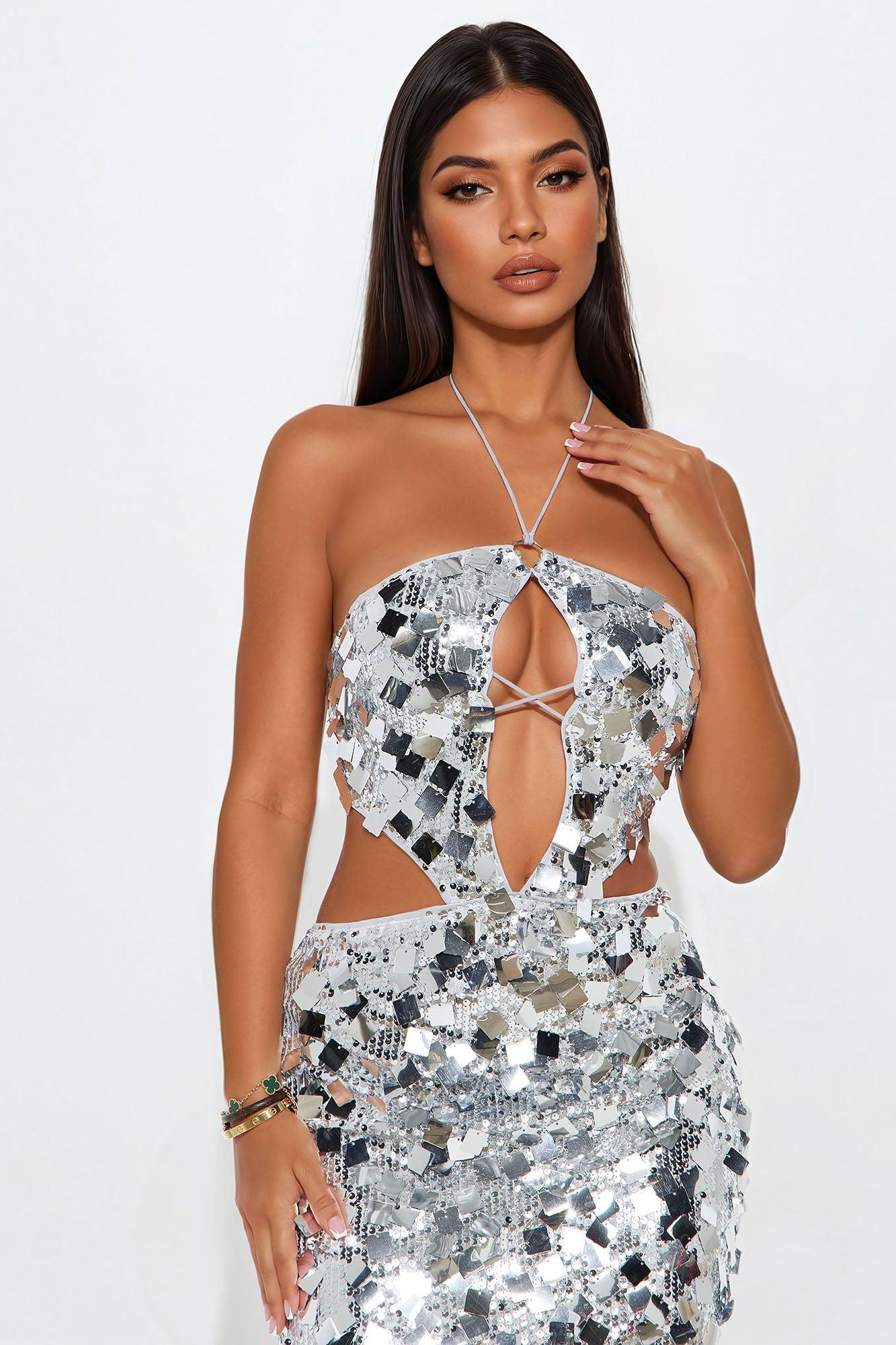 Veronica Halter Sequin Maxi Dress - Silver Product Image