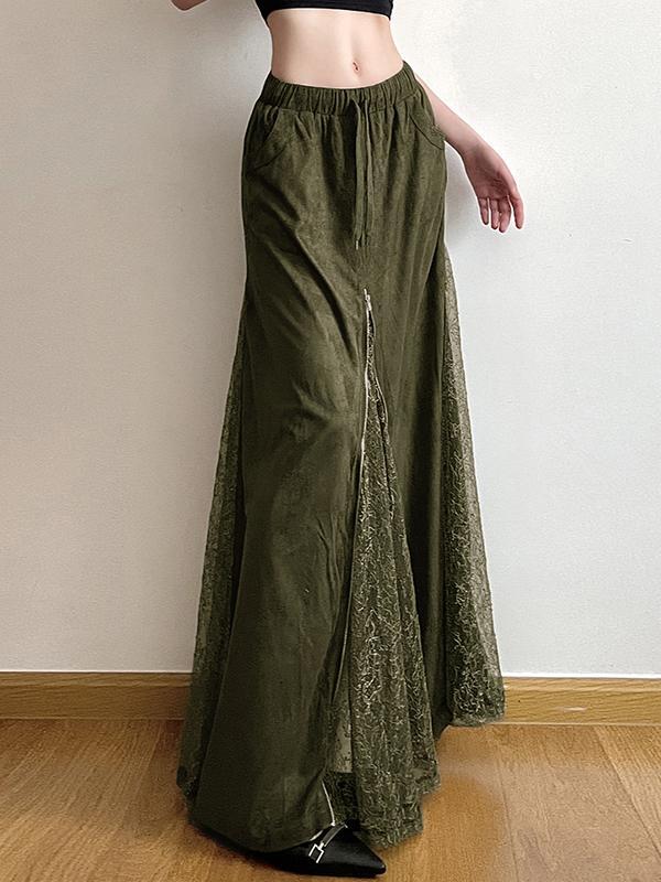Vintage Green Lace Patchwork Maxi Skirt Product Image