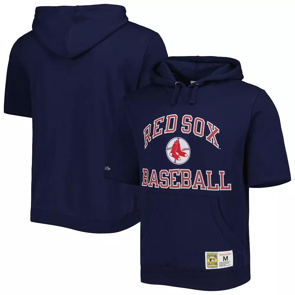 Men's Mitchell & Ness Navy Boston Red Sox Cooperstown Collection Washed Fleece Pullover Short Sleeve Hoodie, Size: Large, Blue Product Image
