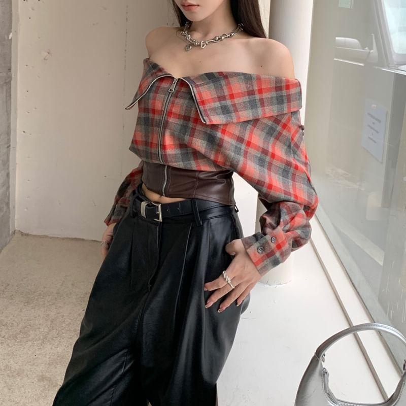 Long-Sleeve Off-Shoulder Plaid Faux Leather Panel Zip-Up Crop Blouse Product Image