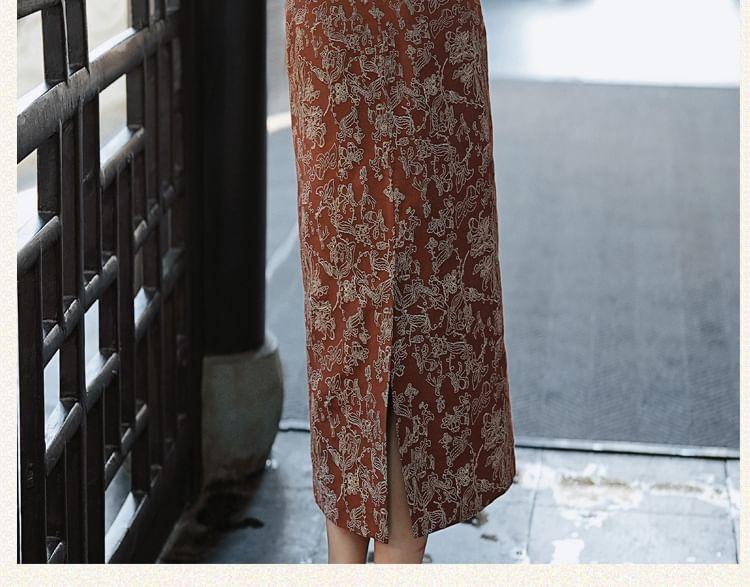 Spaghetti Strap Jacquard Slit Midi Sheath Dress / Plain Cardigan Product Image