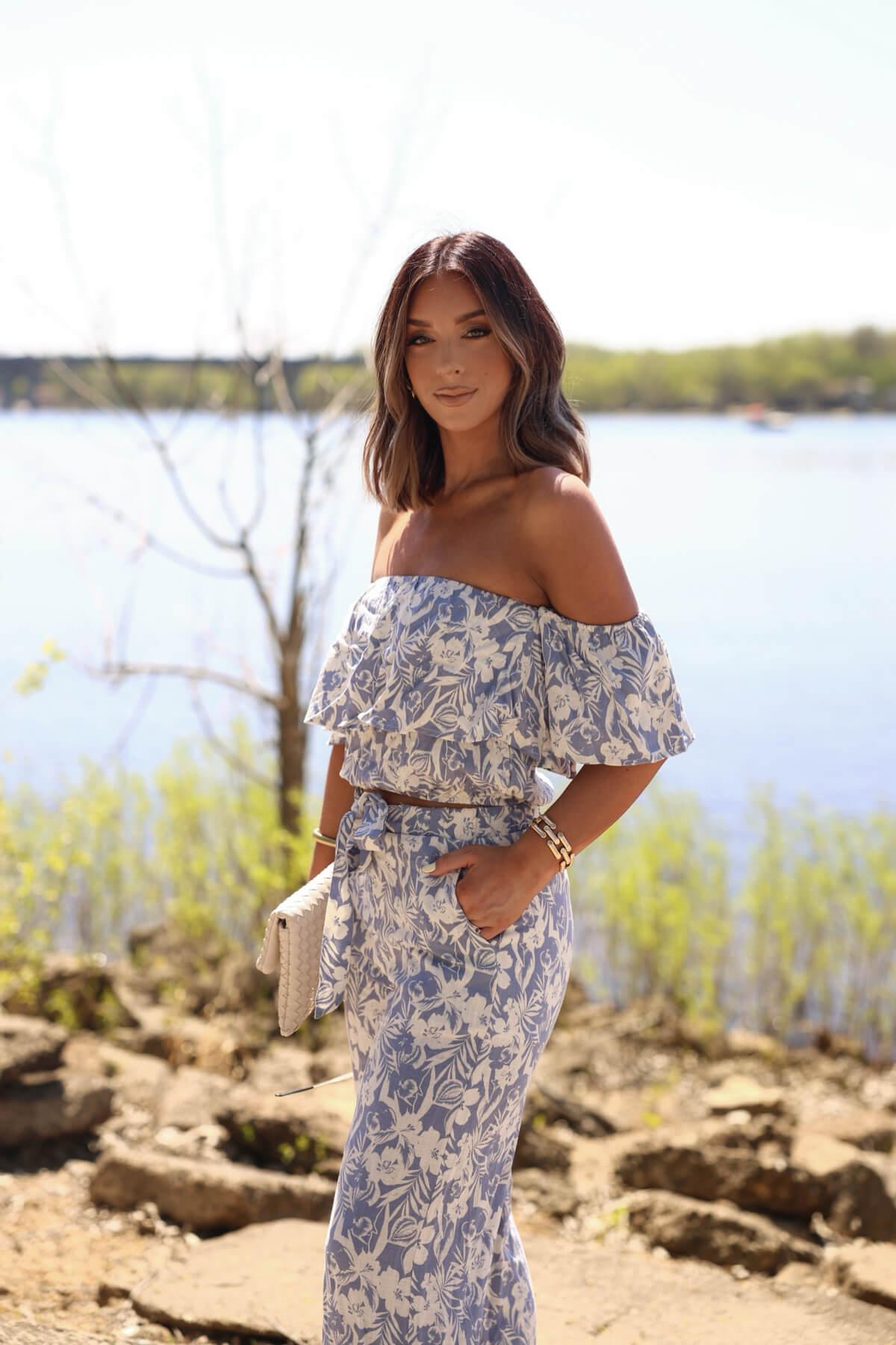 Blue Floral Print Off The Shoulder Linen Top - FINAL SALE Product Image