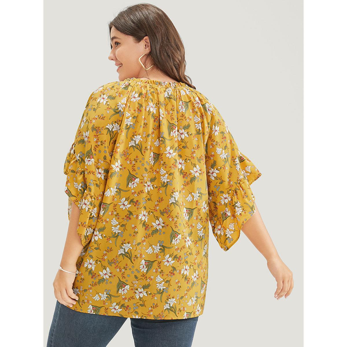 Plus Size Yellow Floral Tie Neck Tassels Frill Trim Ruffle Sleeve Blouse Women Elegant Short sleeve V-neck Dailywear Blouses BloomChic 28/5X Product Image