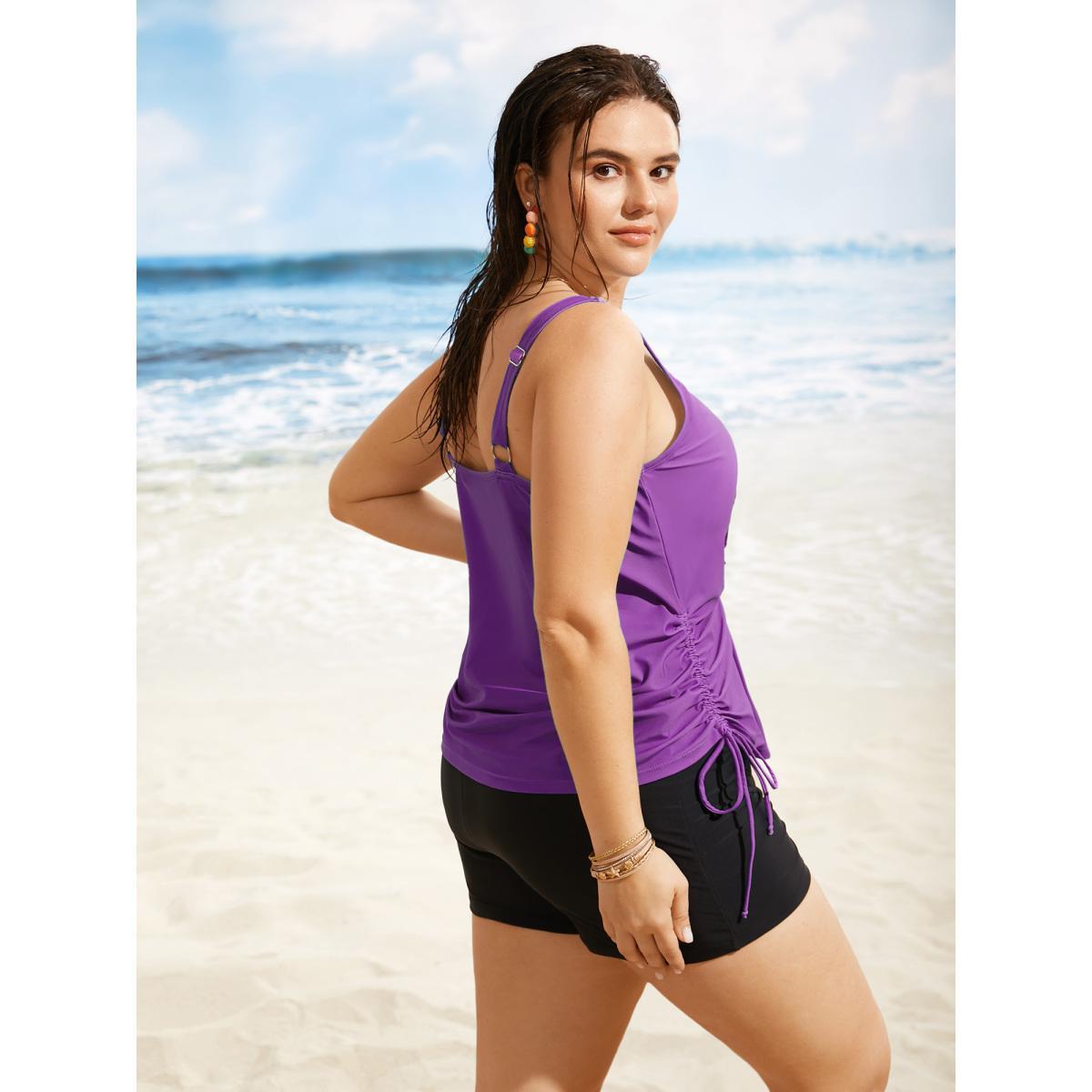 Plus Size Island Print Drawstring Adjustable Swim Top Women's Swimwear Lilac Beach Contrast High stretch Loose U-neck Curve Swim Tops BloomChic 22-24/3X Product Image