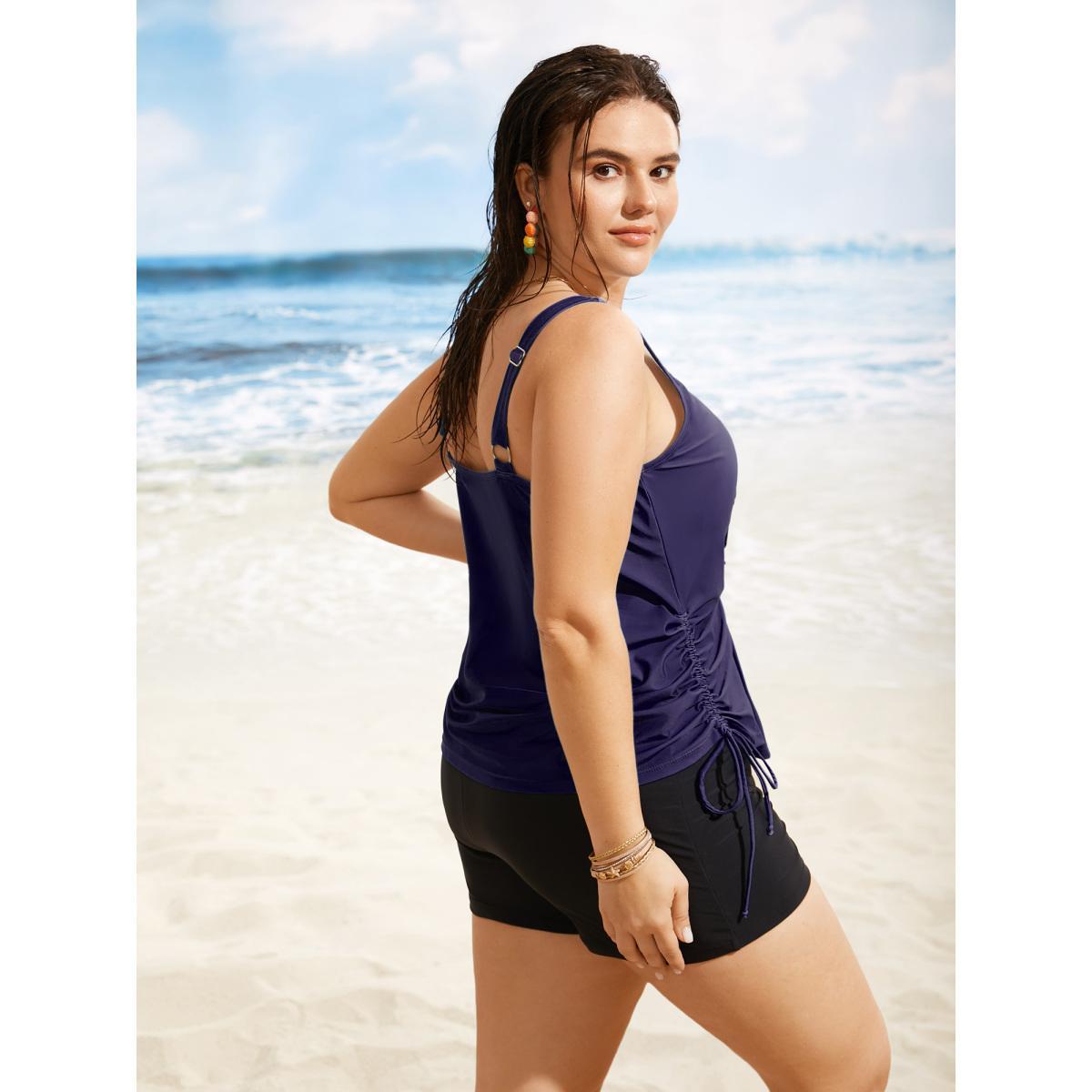 Plus Size Island Print Drawstring Adjustable Swim Top Women's Swimwear Midnight Beach Contrast High stretch Loose U-neck Curve Swim Tops BloomChic 18-20/2X Product Image
