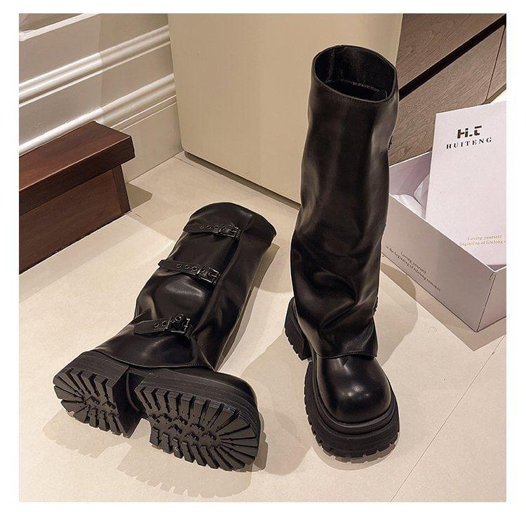 Platform Buckled Panel Knee High Boots Product Image