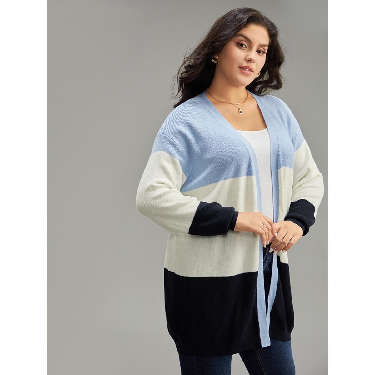 Plus Size Supersoft Essentials Colorblock Contrast Open Front Cardigan Blue Women Casual Loose Long Sleeve Everyday Cardigans BloomChic 18-20/2X Product Image