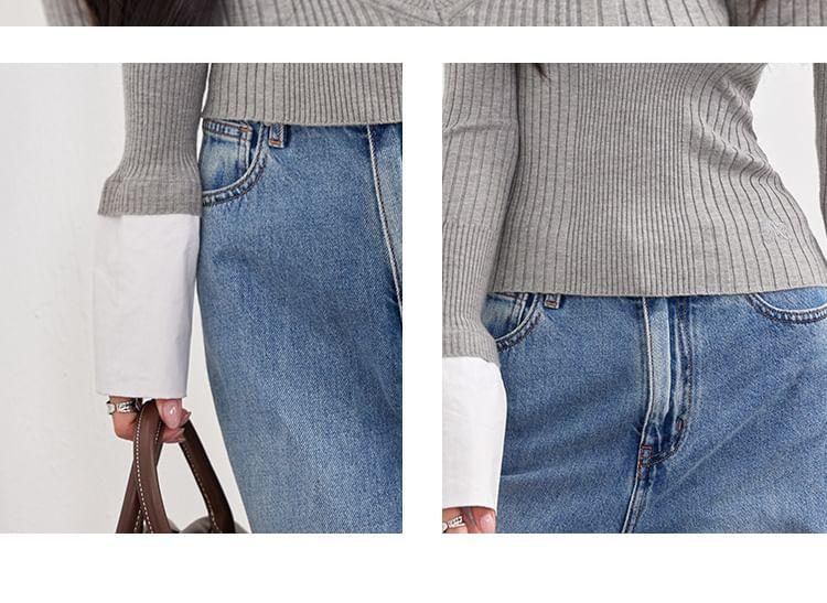 Long-Sleeve Collared Mock Two-Piece Two Tone Slim Fit Knit Top Product Image