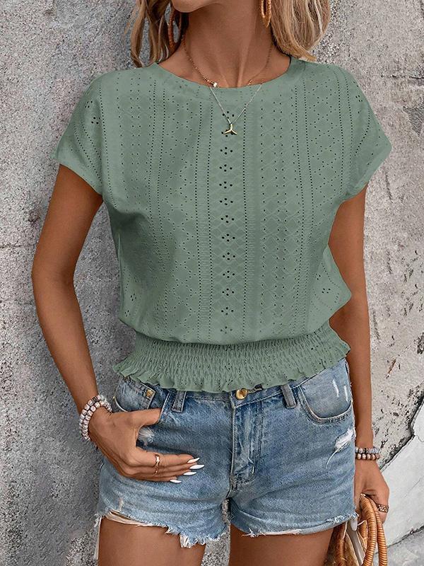 Loose Raglan Sleeve Elasticity Hollow Jacquard Solid Color Round-Neck T-Shirts Tops Product Image