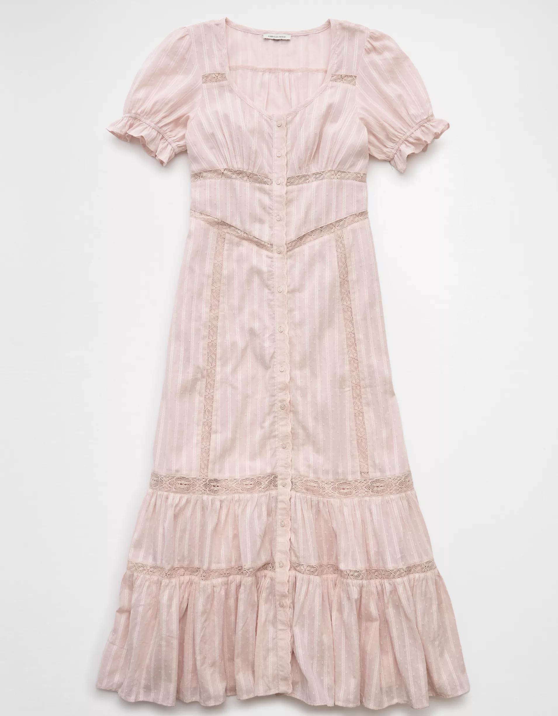 AE Lace Puff-Sleeve Button-Up Midi Dress Product Image