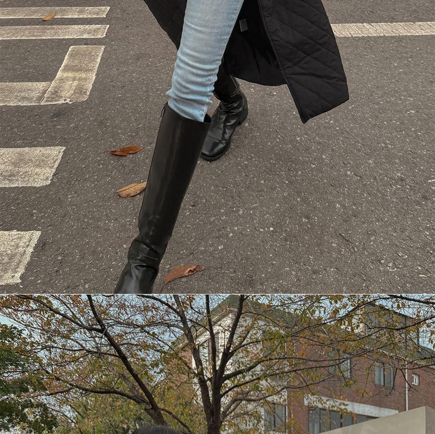 Long Sleeve Lapel Neck Quilted Belted Long Coat Product Image