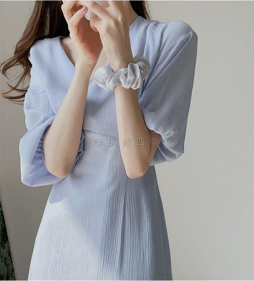 Puff-Sleeve V-Neck Plain Shirred Midi A-Line Dress Product Image