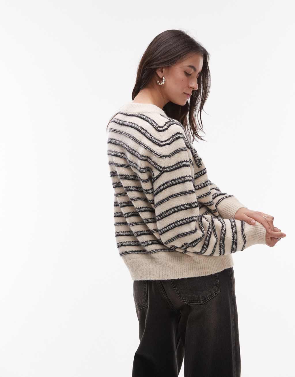 Topshop knitted forward seam stripe sweater in mono Product Image