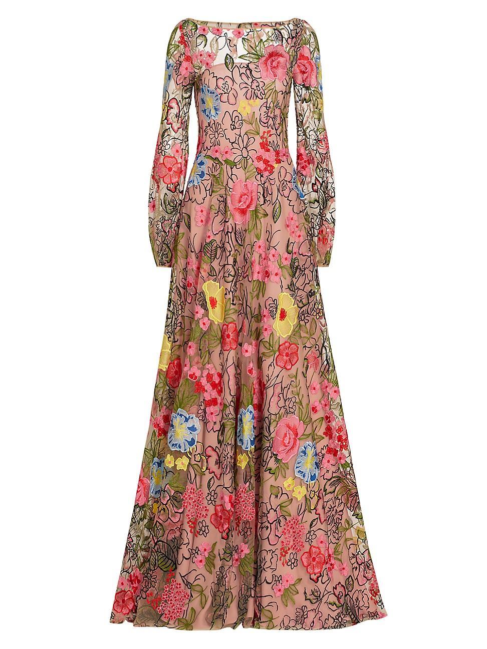 Womens Embellished Floral Balloon-Sleeve Gown Product Image