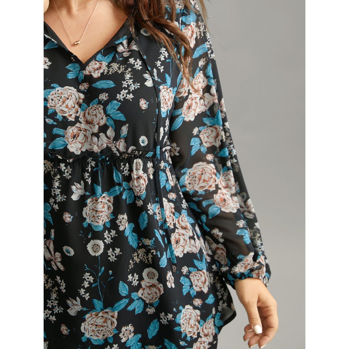 Plus Size BlackFlower Chiffon Floral Print Ties Flutter Trim Blouse Women Elegant Long Sleeve Tie Neck Work Blouses BloomChic 18-20/2X Product Image