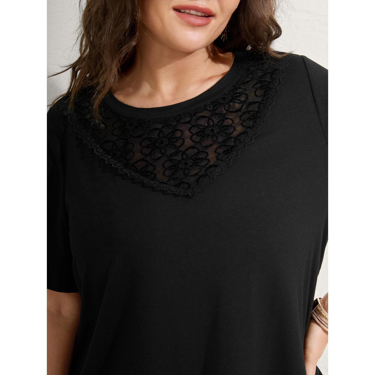 Plus Size Lace Neck Flowy Sleeve Solid T-Shirt Black Women Round Neck Vacation T-shirts BloomChic 28/5X Product Image