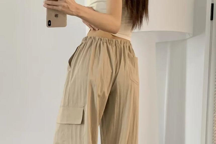 Drawstring Waist Plain Wide Leg Cargo Pants Product Image