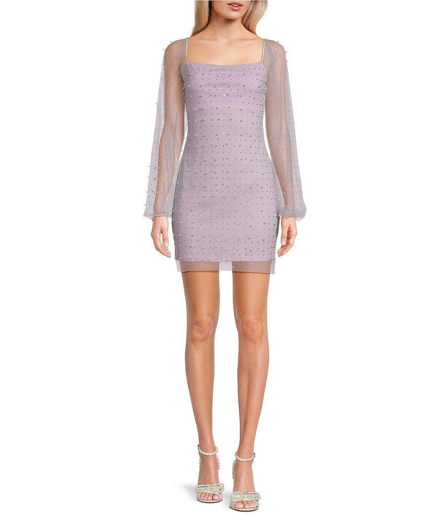 Jump Long Sleeve Square Neck Rhinestone & Pearl Mesh Bodycon Dress Product Image