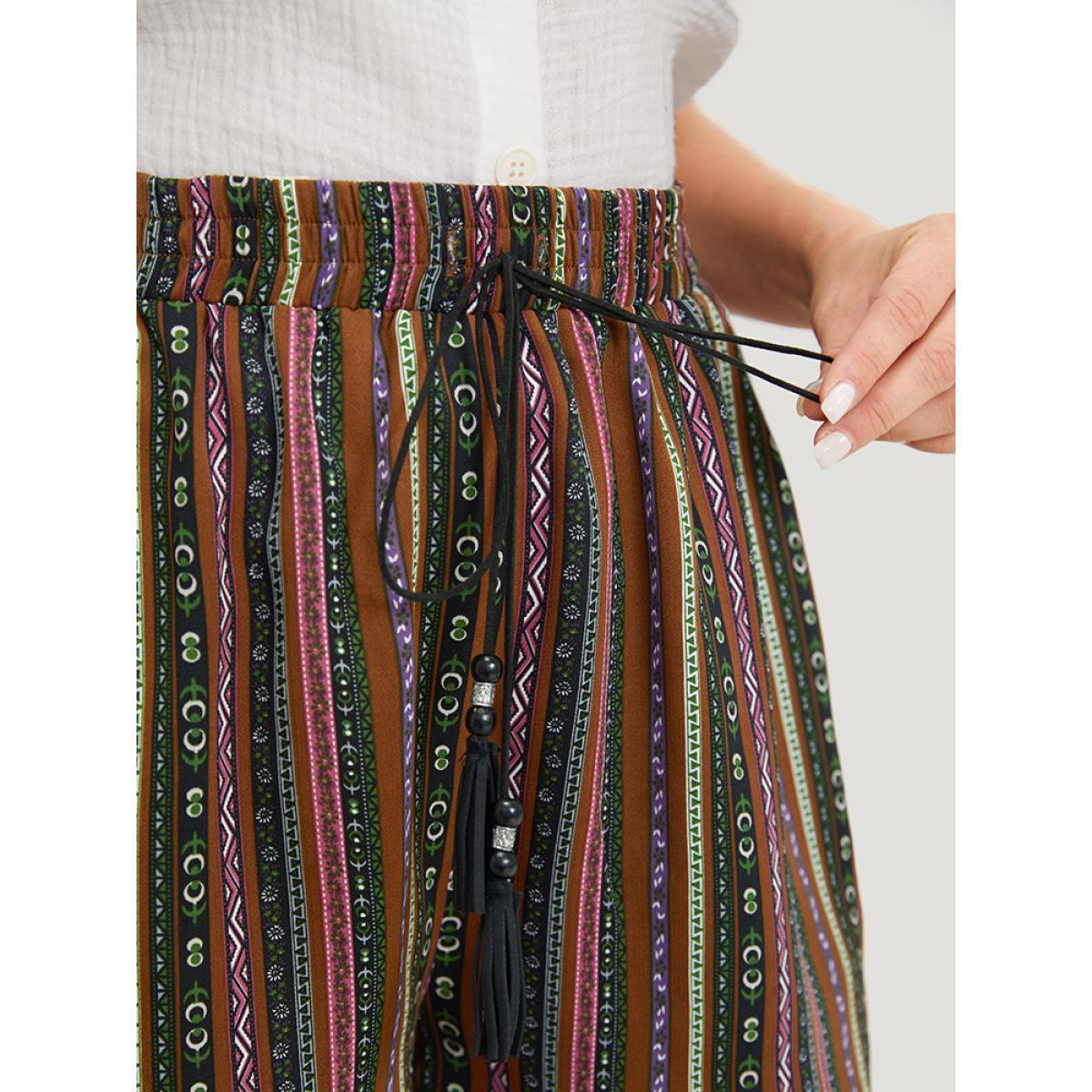 Plus Size Bandana Striped Drawstring Tassel Beaded Detail Shorts Women Multicolor Vacation Tassels Dailywear Shorts BloomChic 22-24/3X Product Image