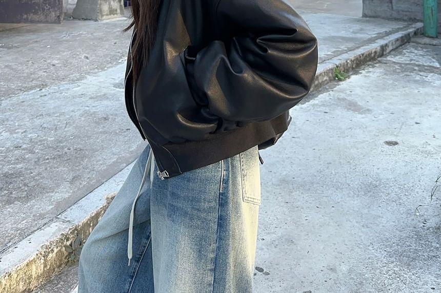 Plain Zip Hoodie / Plain Faux Leather Zip Baseball Jacket Product Image