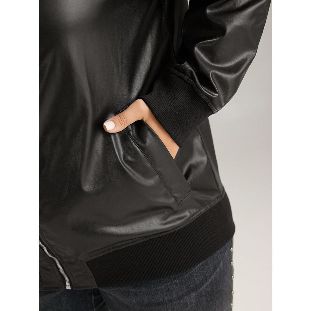 Plus Size Plain Zipper Fly Rib Knit Patchwork Jacket Women Black Elastic cuffs Pocket Dailywear Jackets BloomChic 30/6X Product Image