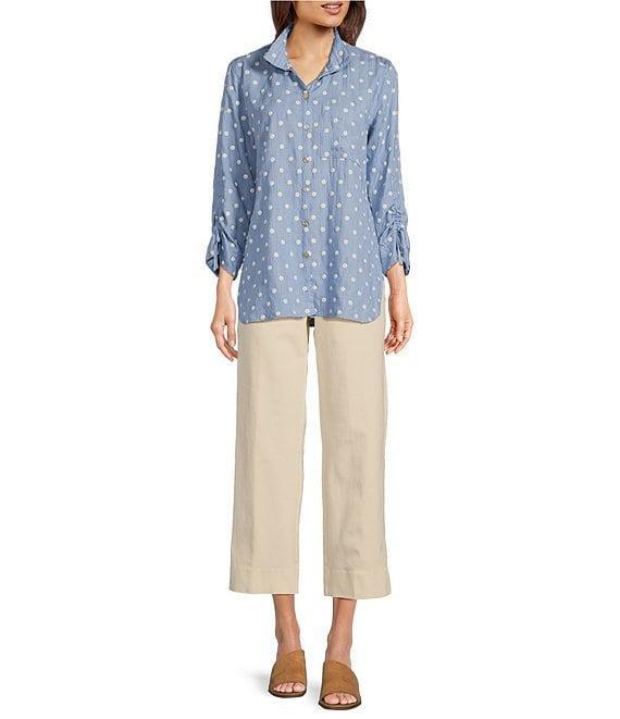John Mark Embroidered Dot Wire Collar Ruched Cinch Tie 3/4 Sleeve Button Front Blouse Product Image