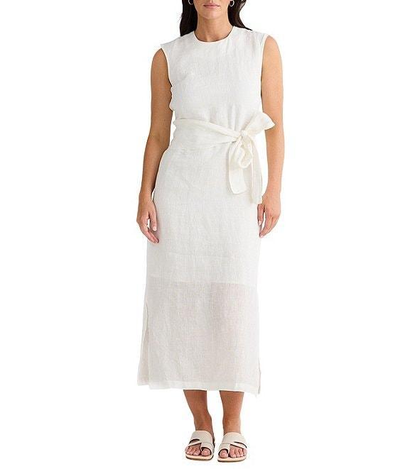 Brave + True Turning Point Sleeveless Linen Crew Neckline Tie Front Midi Dress Product Image