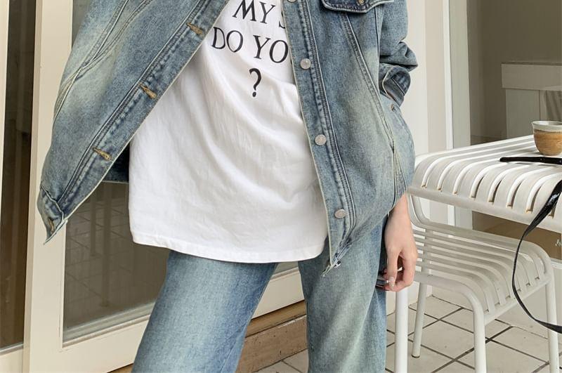 Collared Washed Button Denim Jacket Product Image