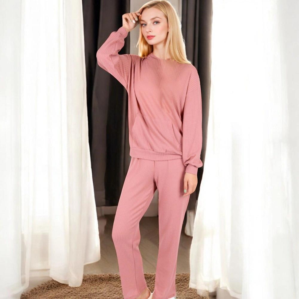 Anna-Kaci Women's Waffle Knit Hoodie Lounge Set with Front Pocket and Relaxed Fit Pants - Large, Mauve Pink Product Image