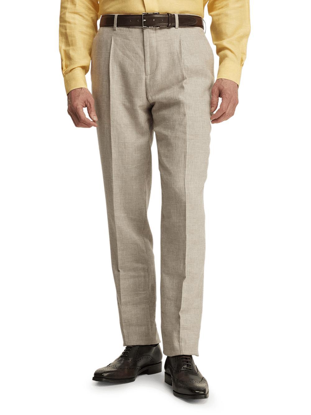 Linen Blend Plaid Single Pleat Suit Pants - Tan Product Image
