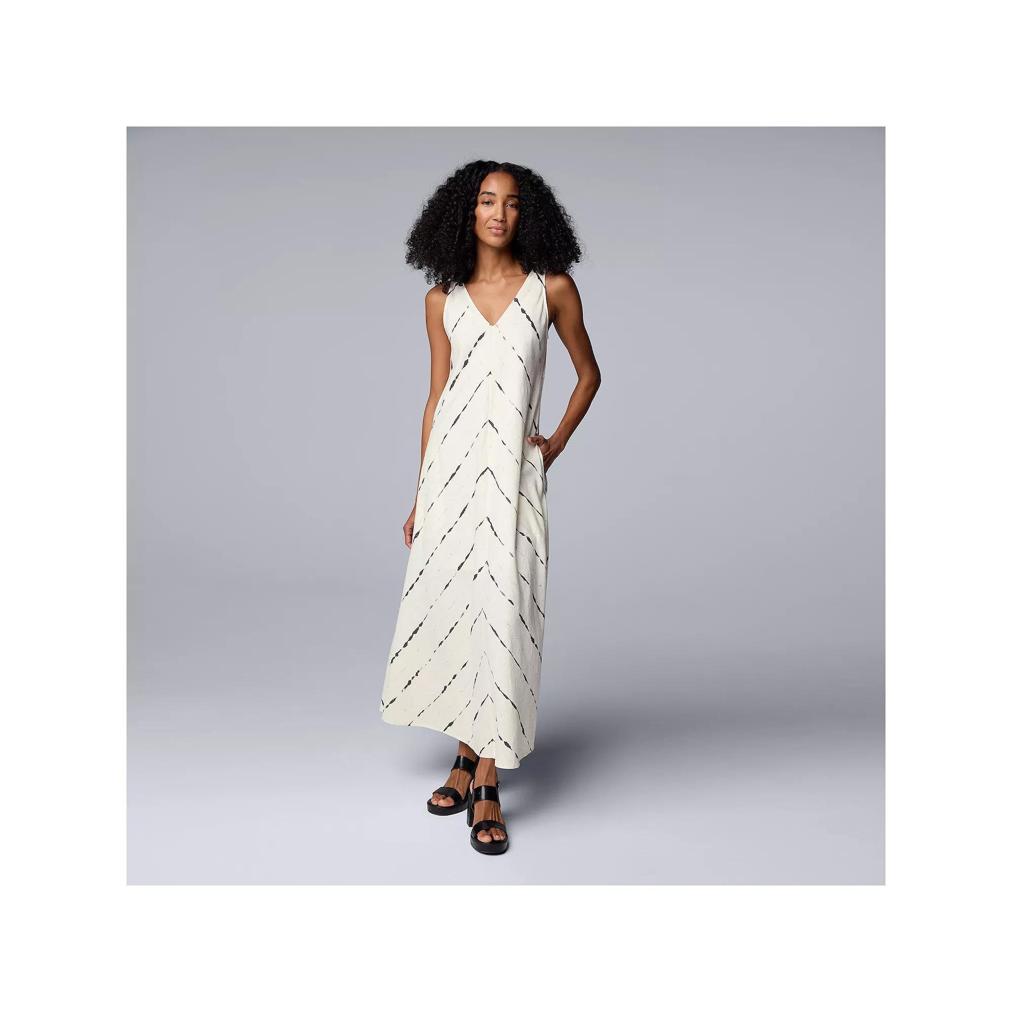Petite Simply Vera Vera Wang V-Neck Sleeveless Linen Maxi Dress, Women's, Size: Small Petite, White Linear Dye Product Image