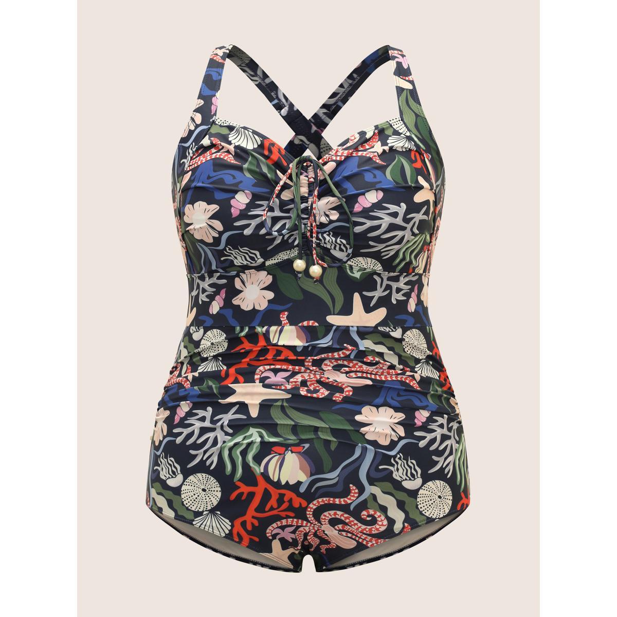 Plus Size Marine Elements Drawstring Gathered One Piece Swimsuit Women's Swimwear Multicolor Beach Gathered Curve Bathing Suits High stretch One Pieces BloomChic 10/M Product Image