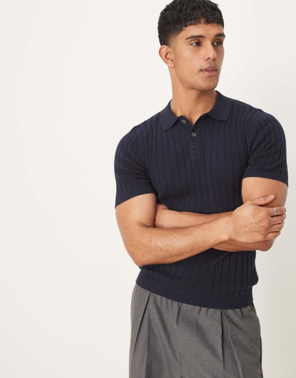 ASOS DESIGN knitted muscle fit rib polo t-shirt in navy Product Image